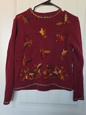 Women's Burgundy Fall Leaf Knit Sweater